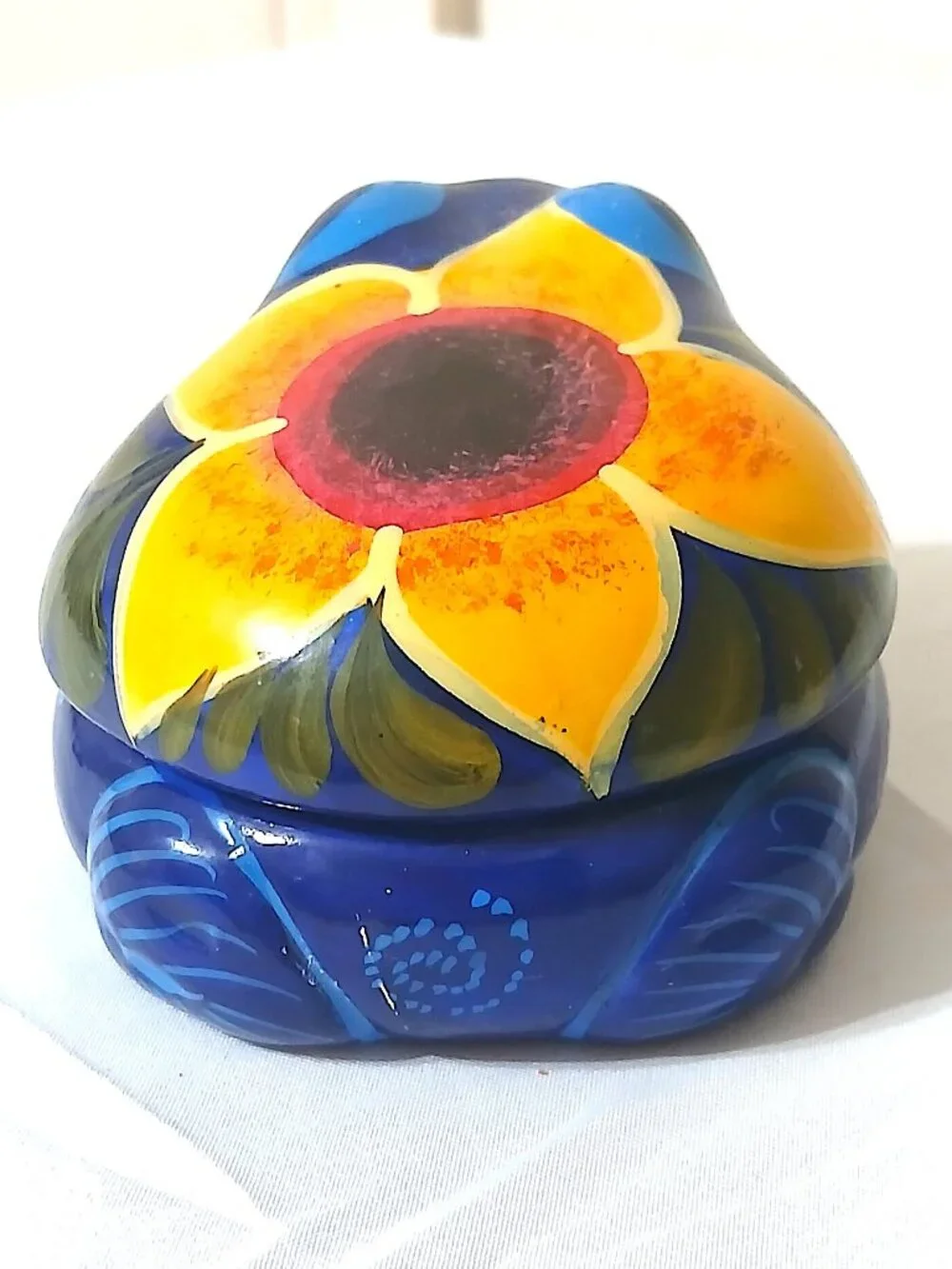Vintage Acapulco Mexico Hand Painted Frog Ceramic Trinket Box Folk Art
